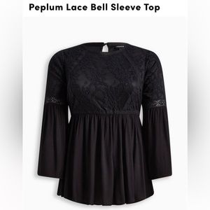 Peplum Lace Bell Sleeve Top; Torrid; Black, size 1x.